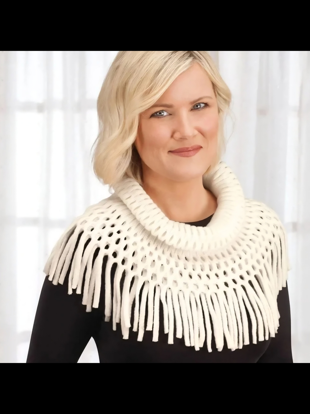 Britts Knits Open Collar Fringe Cream Infinity Scarf